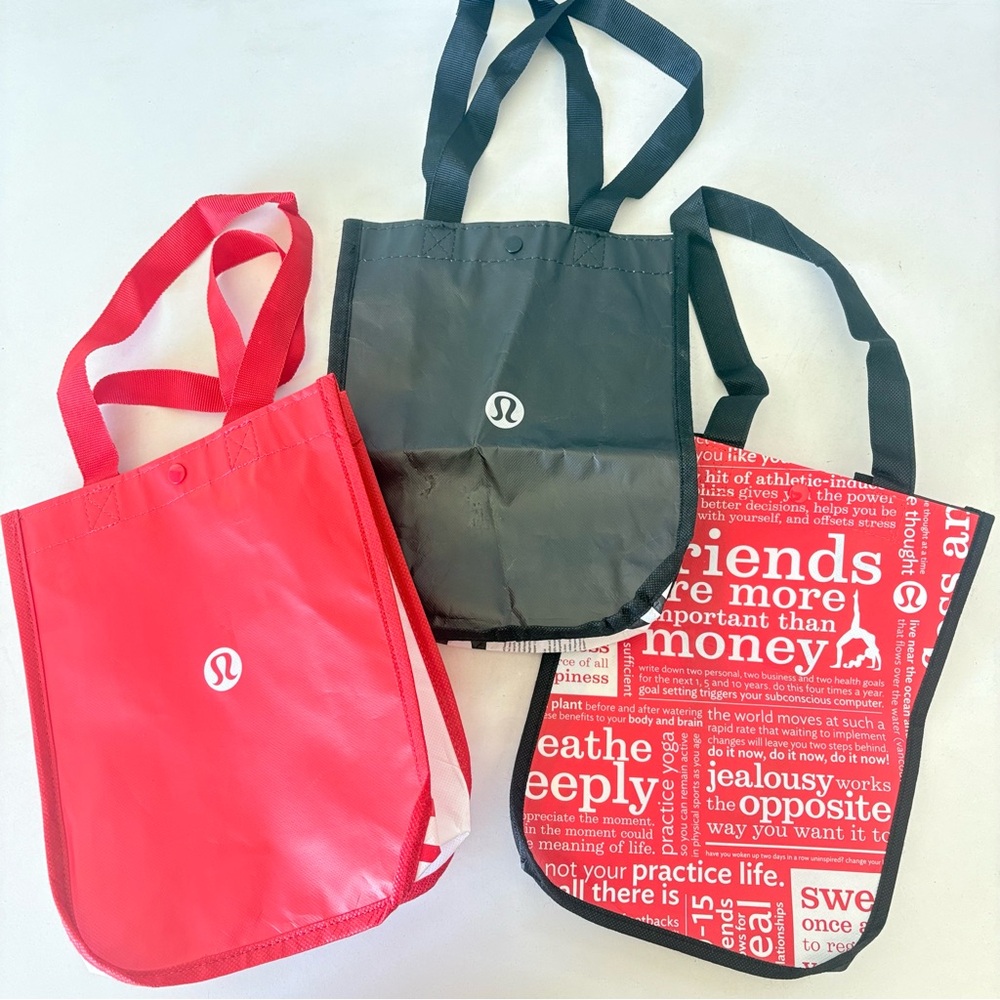 Lot of 3 Lululemon Small Reusable Shopping Tote Bag 11”x9” Red White ~ New